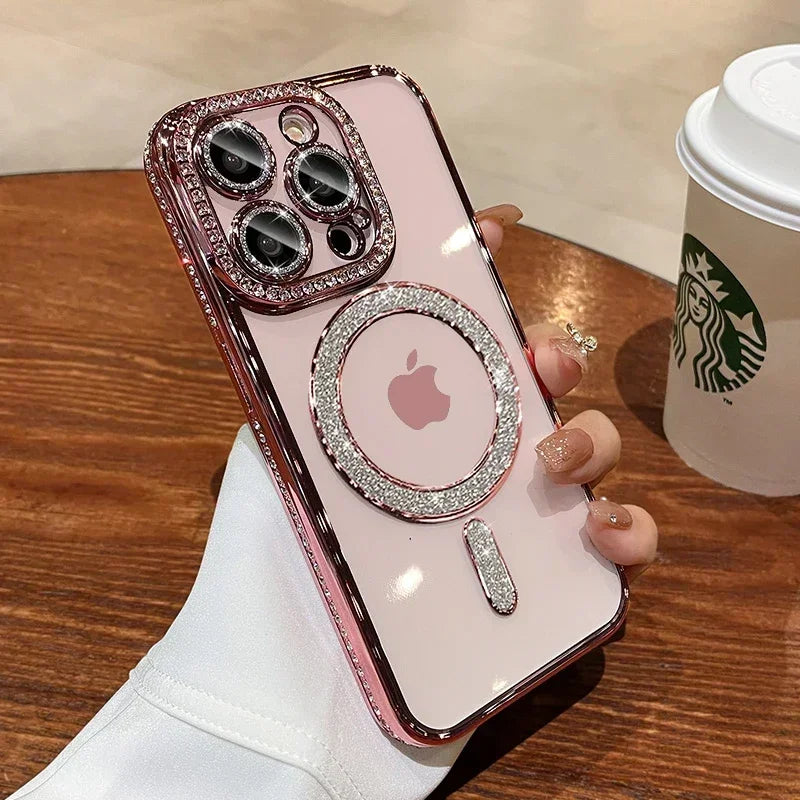Clear Bling Crystal Phone Case For iPhone 16 15 14 11 12 13 Pro Max Plus For Magsafe Magnetic Wireless Charging Lens Film Cover