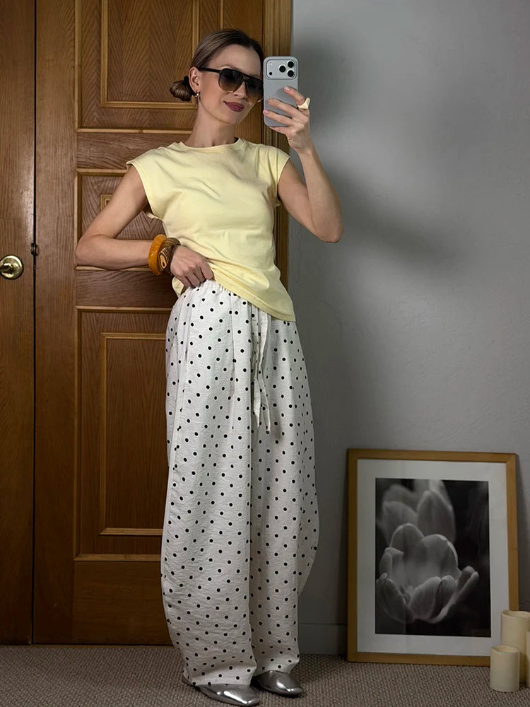 Black Polka Dot Linen Pants Women Wide Leg Summer Trousers Baggy For Ladies White Oversize Cotton Linen Pants Woman Wide