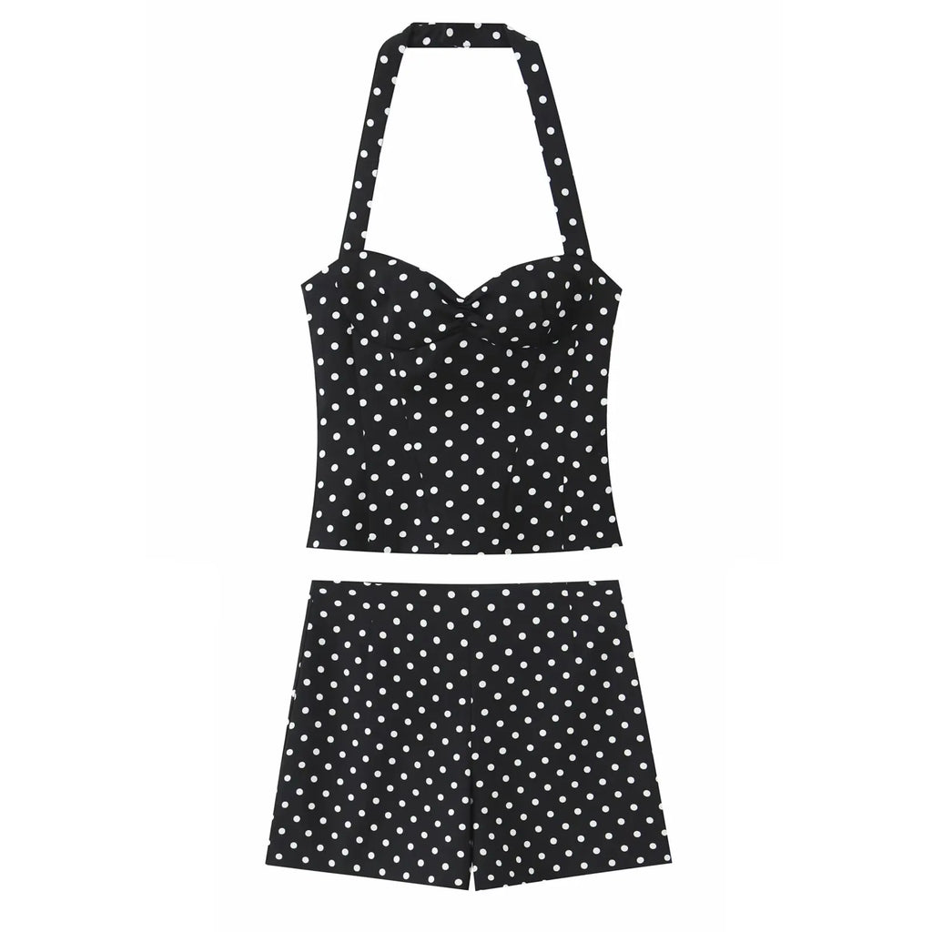 2026 Women New Fashion Suit Sexy Sleeveless Backless Polka Dot Halter Slim Short Top+Side Zipper Casual Short Skirts