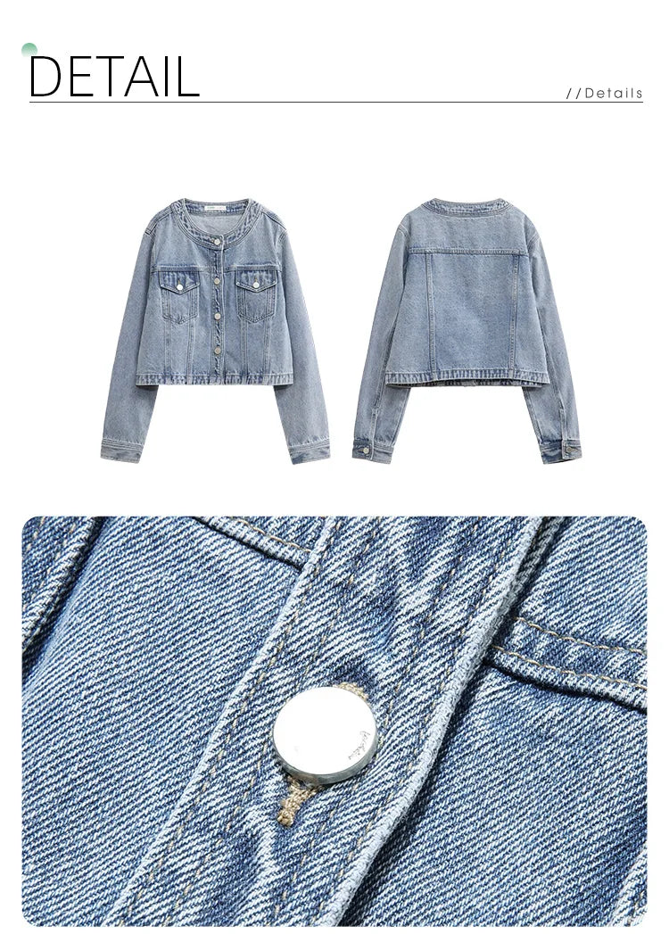 I BELIEVE YOU Short Denim Coat for Women 2024 Crew Neck Autumn New Casual Basic Straight Comfort Retro Female Jackets CWN245542A