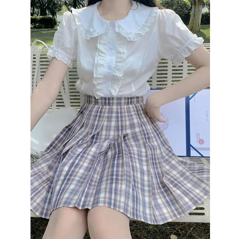 Deeptown Kawaii Lolita Blouses White Women Cute Lace Tops Ruffle Shirts Vintage Puff Sleeve Japanese Preppy Style Sweet Tops