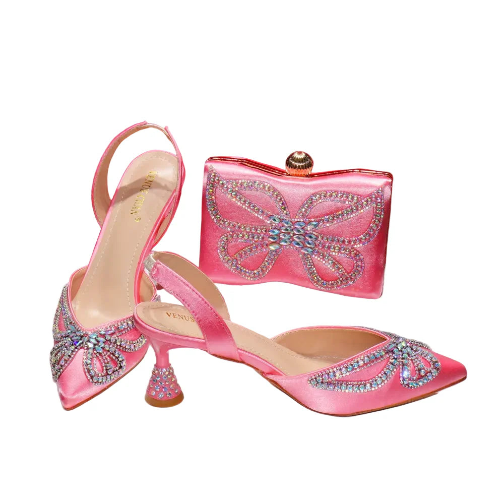 Design Diamond-Encrusted Bag And Pointed High-Heeled Shoes