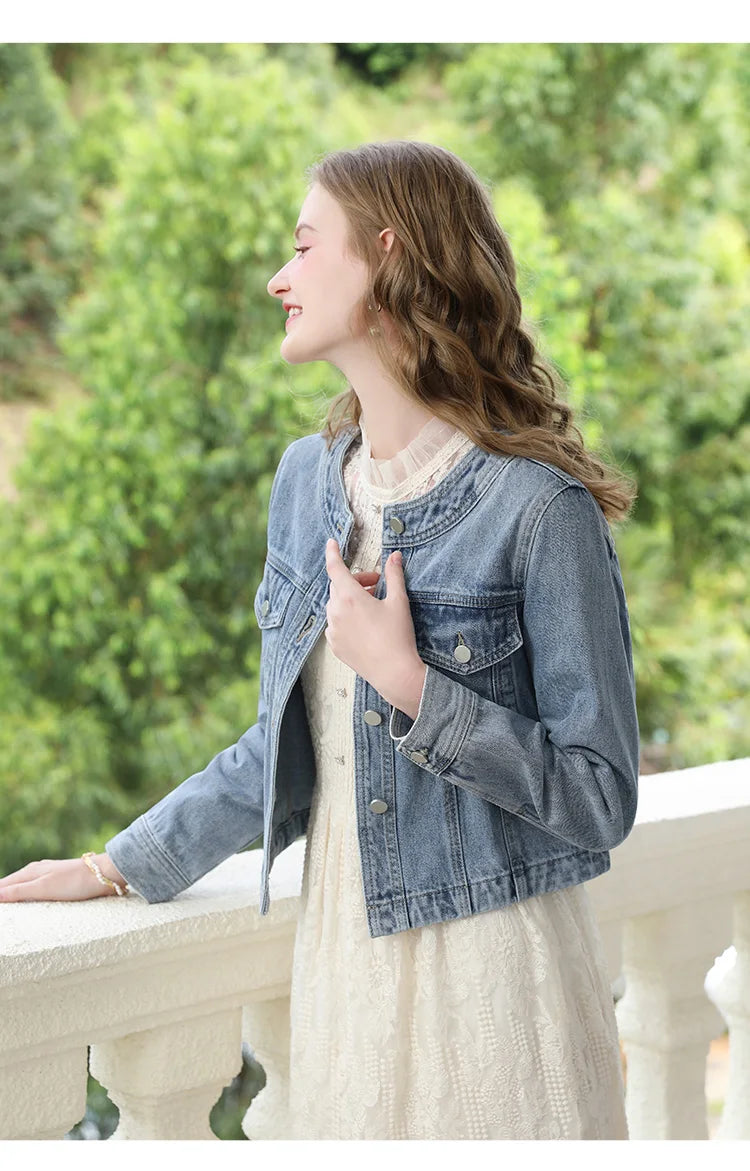 I BELIEVE YOU Short Denim Coat for Women 2024 Crew Neck Autumn New Casual Basic Straight Comfort Retro Female Jackets CWN245542A