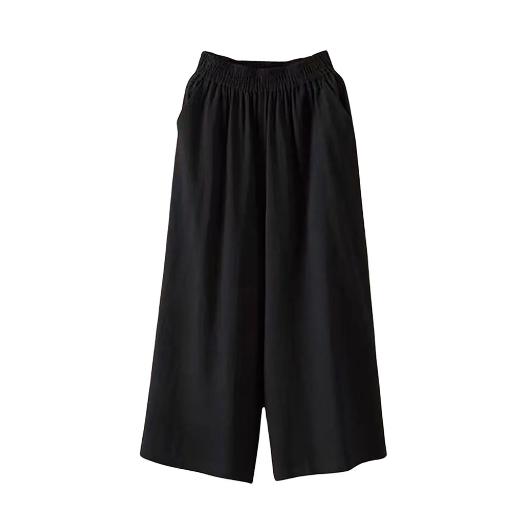 Feamle Casual and Versatile Lazy Style Wide Leg Pants With Pockets Lightweight High Waisted Loose Cropped Capris