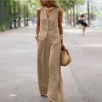 Casual Tank And Wide Leg Pant Sets 2 Piece Sets Women Outfit Summer Elegant Solid Cotton Linen Tops Trousers Suit Femme