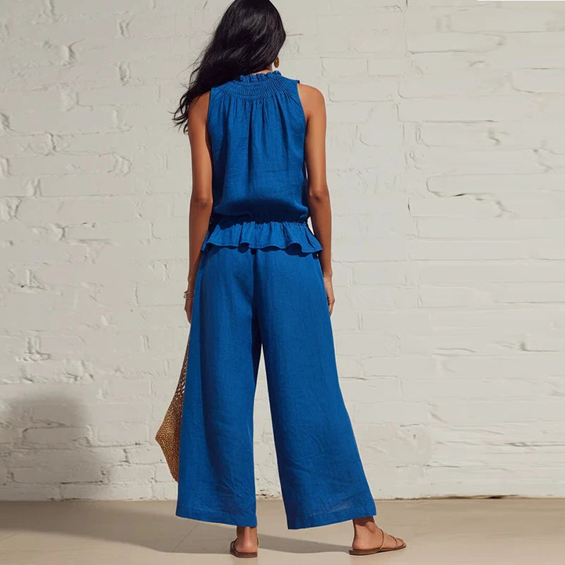 Summer Cotton Linen Solid Color Sleeveless Vest Top Women Pants Suit Casual Pocket Elegant Female Office Retro 2 Piece Set