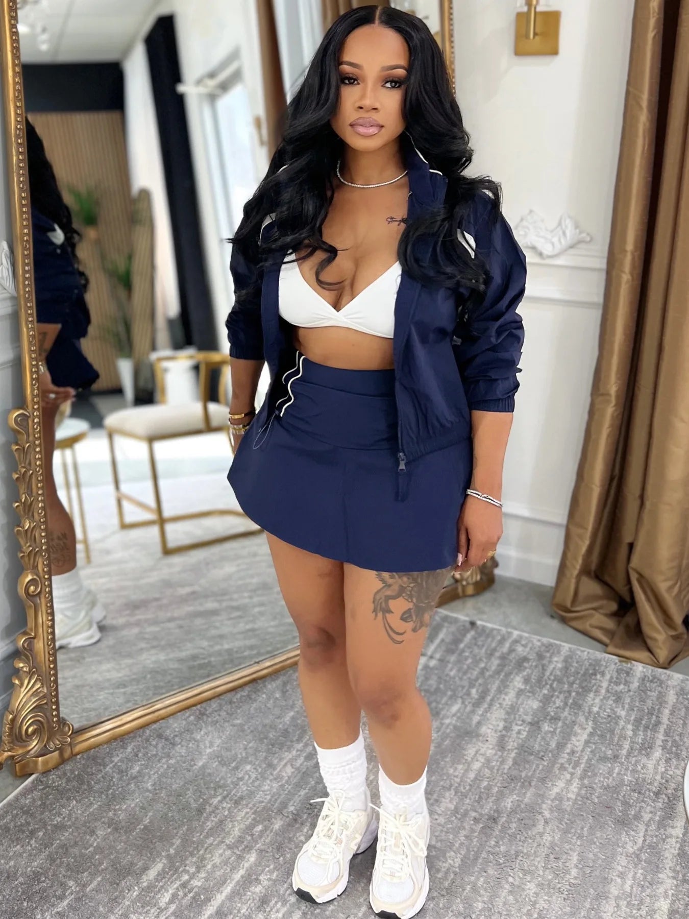 FAGADOER Casual Color Block 2 Piece Sets Woman Outfit Drawstring Ruched Patchwork Crop Top and Skirt Matching Female Streetwear