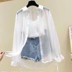 Smvp Chiffon Blouses for Women Summer Thin Loose Button-Up Sunscreen Shirt Woman Korean Fashion Bow Lace-up Long Sleeve Shirts