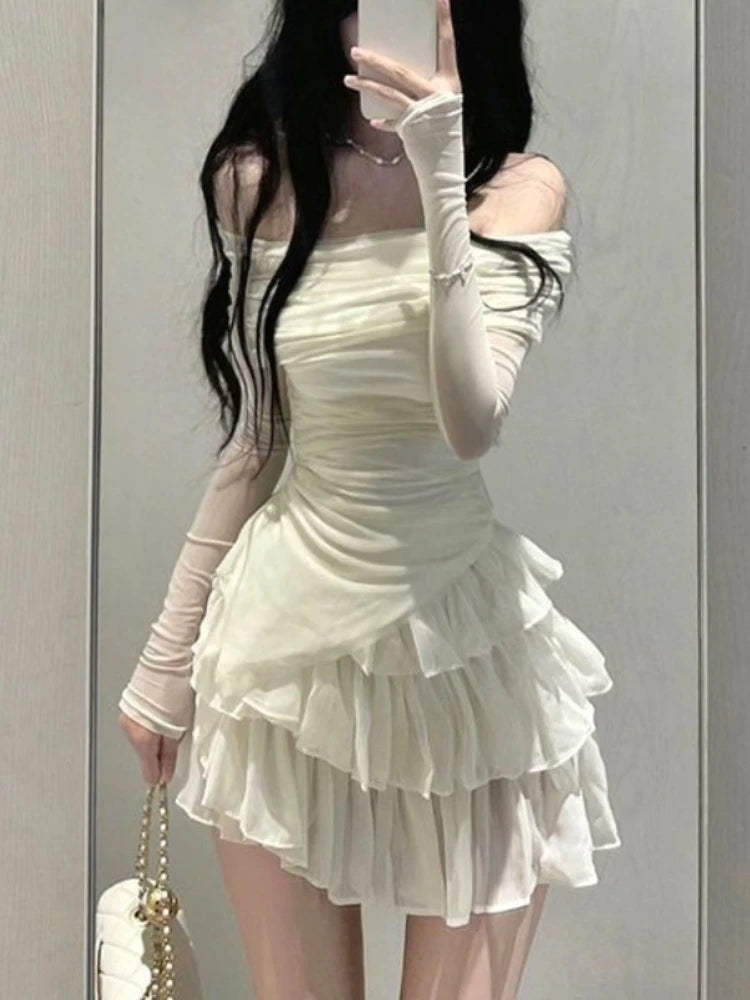 Women Mini Skirt 2 Piece Set Long Sleeve Coquette Thin Tops Y2k Mini Skirt Kpop Girl 2000s Aesthetic Outfits Vintage Suits