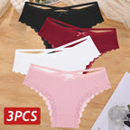 3PCS/Set Women’s Cotton Lace Bikini Panties – Low-Rise Breathable Soft Stretch Underwear (95% Cotton Comfort Fit) Sexy Low Rise Lace Brazilian Panties Hollow Out Soft Breathable Lingerie Female Bow Underwear S-XL