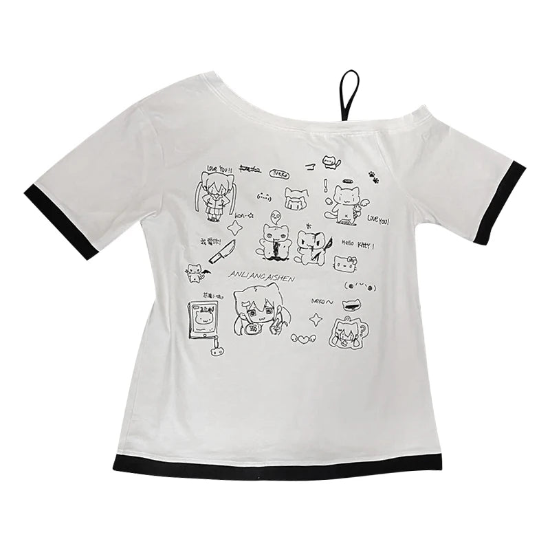 Japanese Y2k Subculture Cute T Shirt Off-shoulder White Short-sleeved Summer T-shirt Woman Cartoon Print Sweet Harajuku Tees