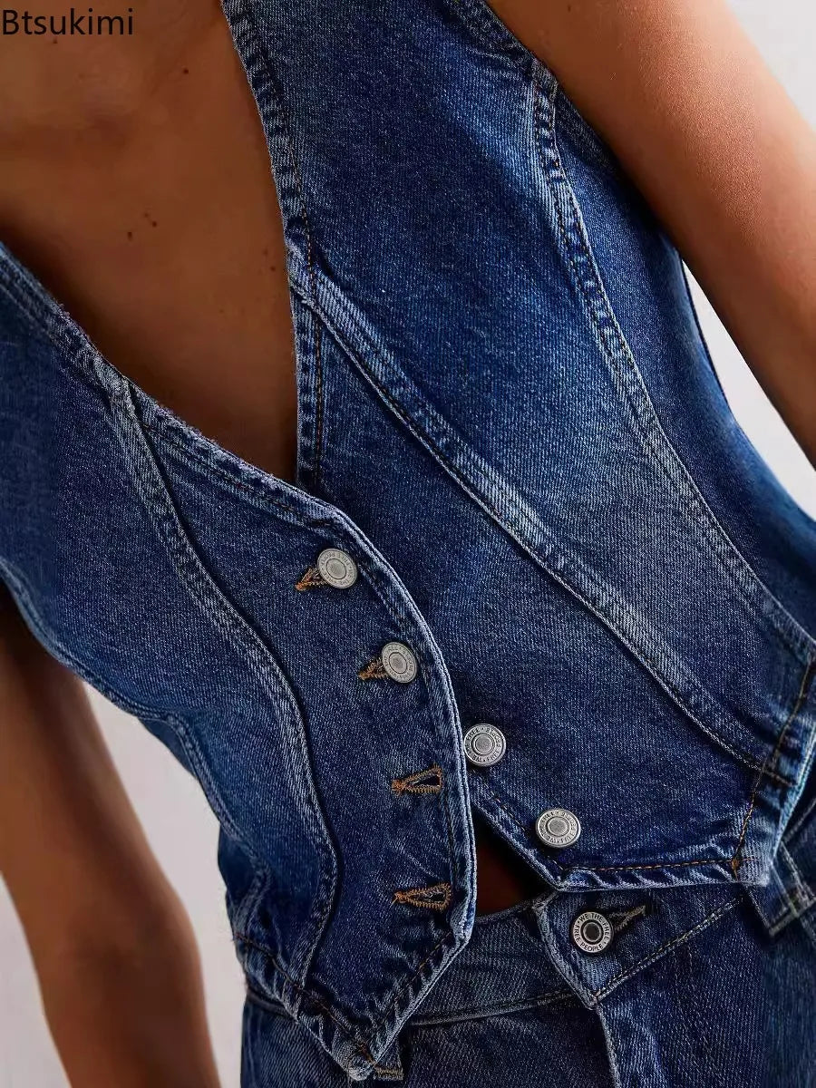 New 2026 Women's Denim Vests Summer Sexy Slim Deep V Neck Sleeveless Vest Jacket Casual Fashion Streetwear Ladies Jean Crop Tops