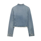 HH Women Vintage Distressed Denim Military Jacket Spring Autumn Slim Fit Biker Style Button Female Cropped Jean Coat Streetwear