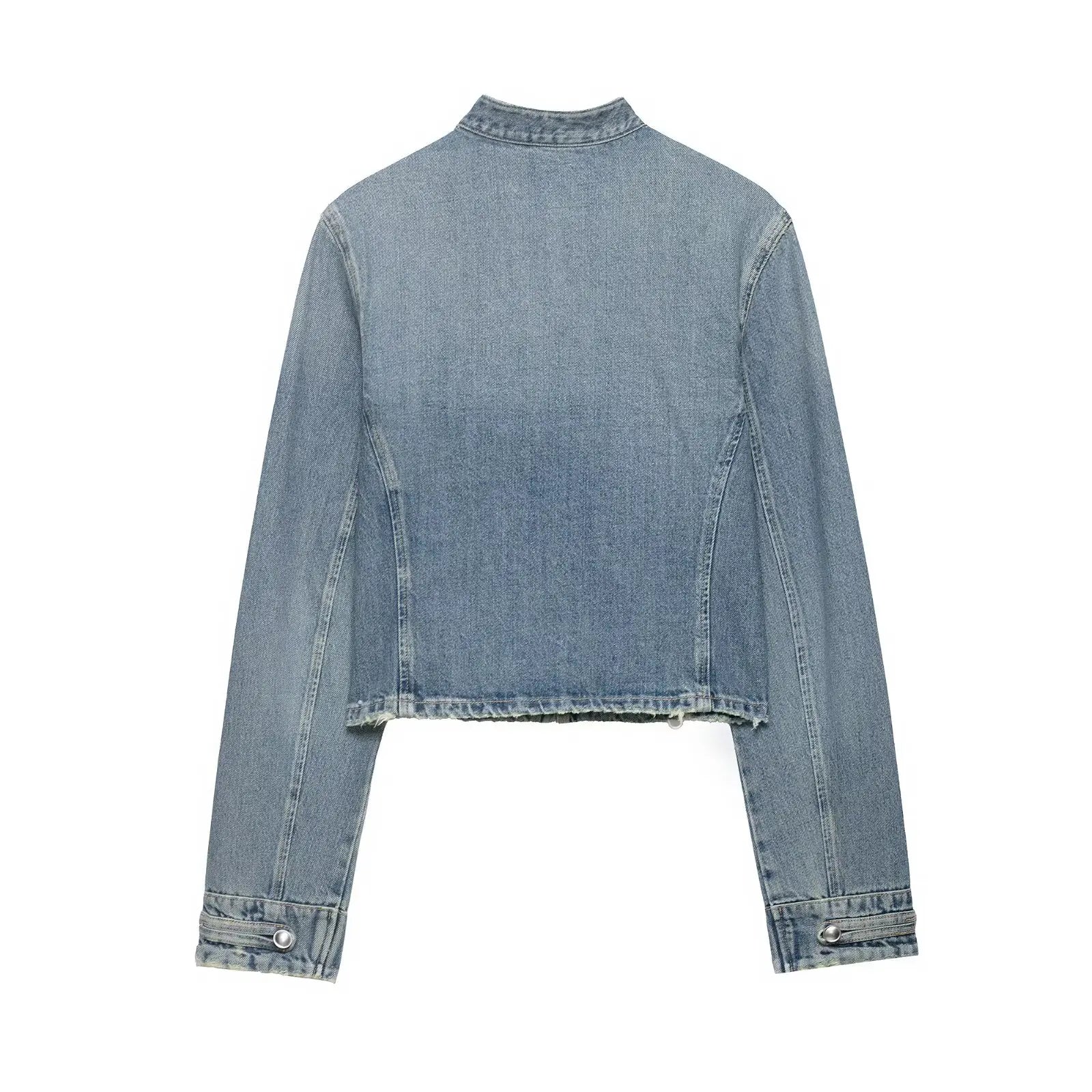 HH Women Vintage Distressed Denim Military Jacket Spring Autumn Slim Fit Biker Style Button Female Cropped Jean Coat Streetwear