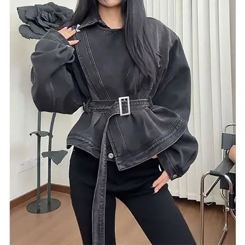 2026 Spring New American Style Washed Denim Jacket For Women Belted Waist Slim Fit Design Versatile And Trendy Casual Outerwear
