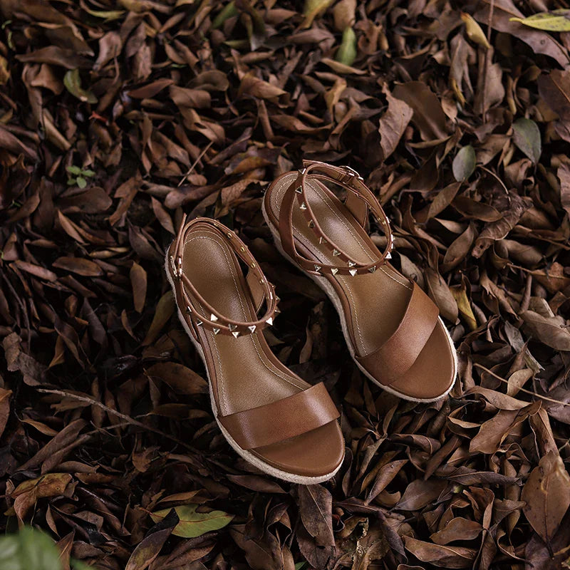 Women's genuine leather hemp wedge platform high heel ankle strap sandals open toe narrow band summer heels pumps daily shoes