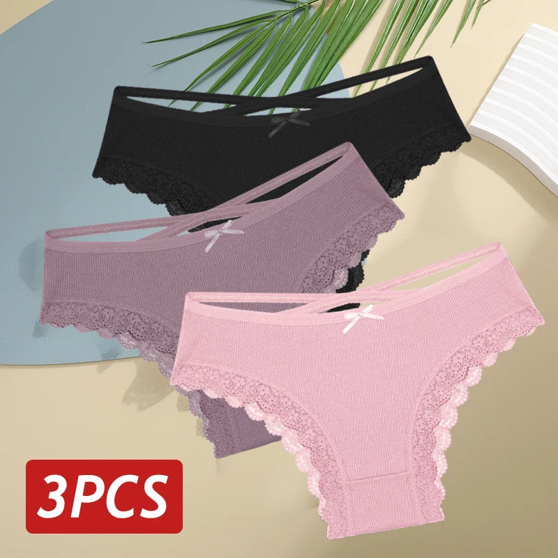 3PCS/Set Women’s Cotton Lace Bikini Panties – Low-Rise Breathable Soft Stretch Underwear (95% Cotton Comfort Fit) Sexy Low Rise Lace Brazilian Panties Hollow Out Soft Breathable Lingerie Female Bow Underwear S-XL