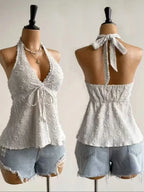 Ladies' Summer V-neck Lace Neck Strap Off Shoulder Leisure Vacation Easter Beach Wear Music Festival Top