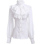 Women's Vintage Ruffle Collar Shirt 2026 Spring New Arrival High Neck Lace Trim Button Down Shirt Elegant Gothic Blouse Tops