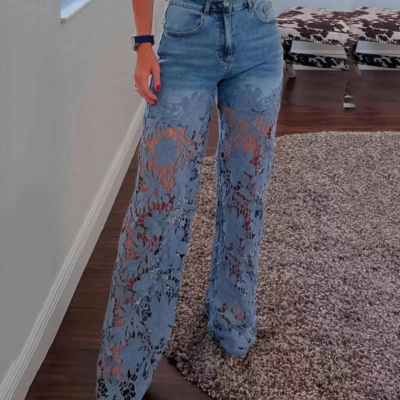 Lace Spliced Elegant Hollow Out Jeans Women New Fashion Temperament High Waist Straight Loose Denim Trousers Y2k Streetwear