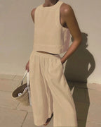 Cotton And Linen Pant Sets Women Sleeveless Leace-up Short Tops Drawstring Long Pants Two Piece Set Commuting 2023 Summer New