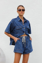 Summer Trendy Women's Casual Loose Pocket Short Sleeve Shirt Cowboy Two Piece Set