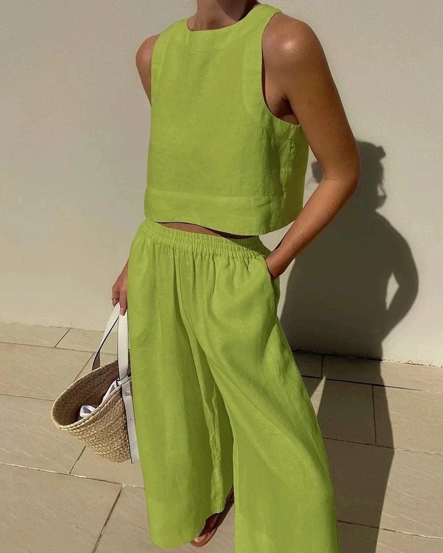 Cotton And Linen Pant Sets Women Sleeveless Leace-up Short Tops Drawstring Long Pants Two Piece Set Commuting 2023 Summer New