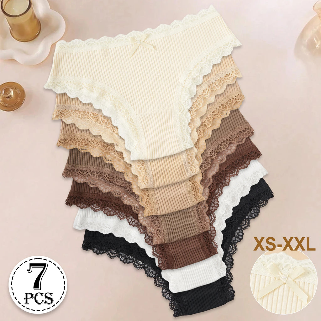 7PCS New Fashion Cotton Women's Underwear Solid Color Comfortable Breathable Panties Low-Rise Lace Trim Sexy Briefs Daily Sports