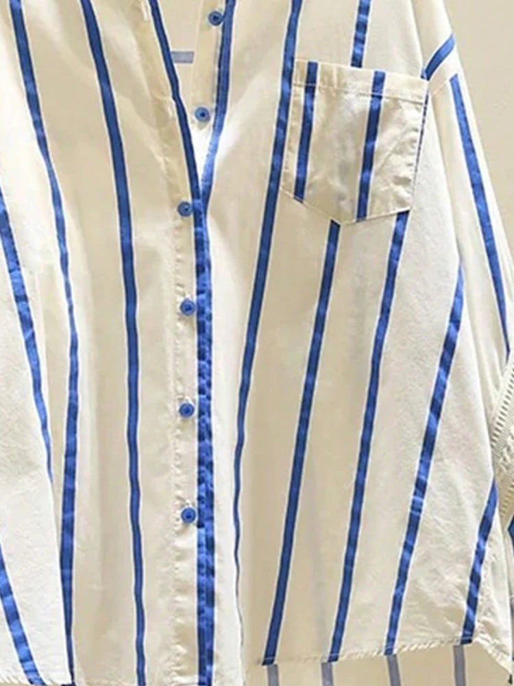 2025 Early Autumn New Arrival Women's Oversized Youthful Design Patchwork Blue Striped Shirt Fashion