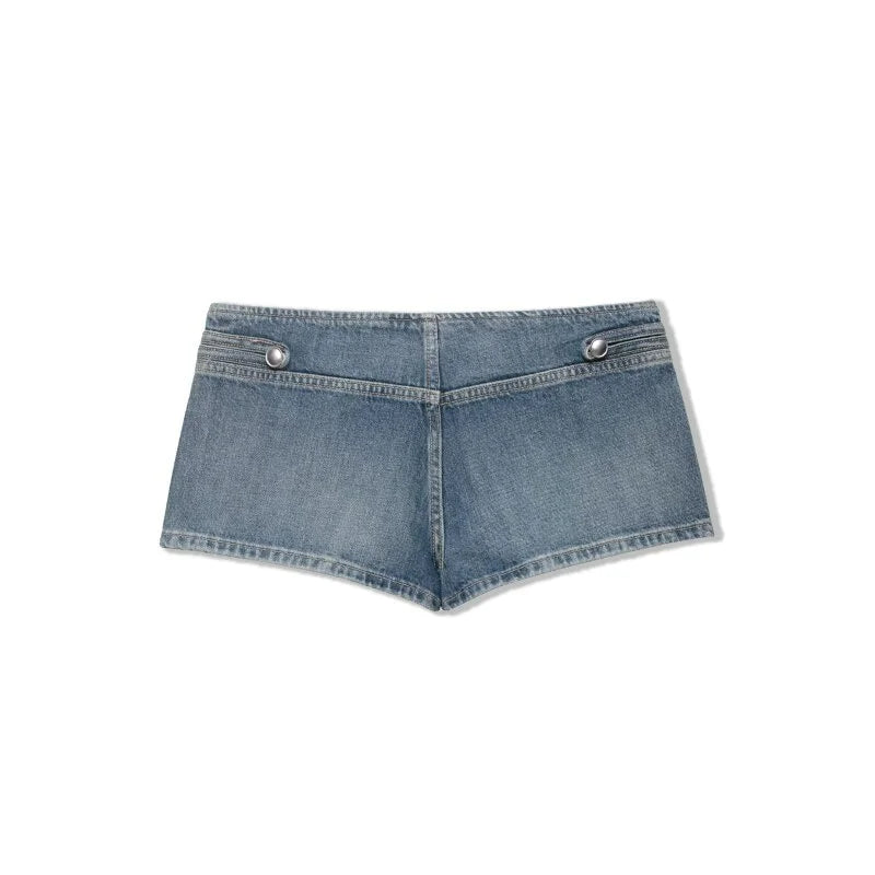 2026 New Women Denim 2 Piece Set Streetwear Button Decorated Stand Collar Cropped Jacket + Low Waist Shorts Y2K Outfi
