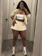 FAGADOER Casual Color Block 2 Piece Sets Woman Outfit Drawstring Ruched Patchwork Crop Top and Skirt Matching Female Streetwear