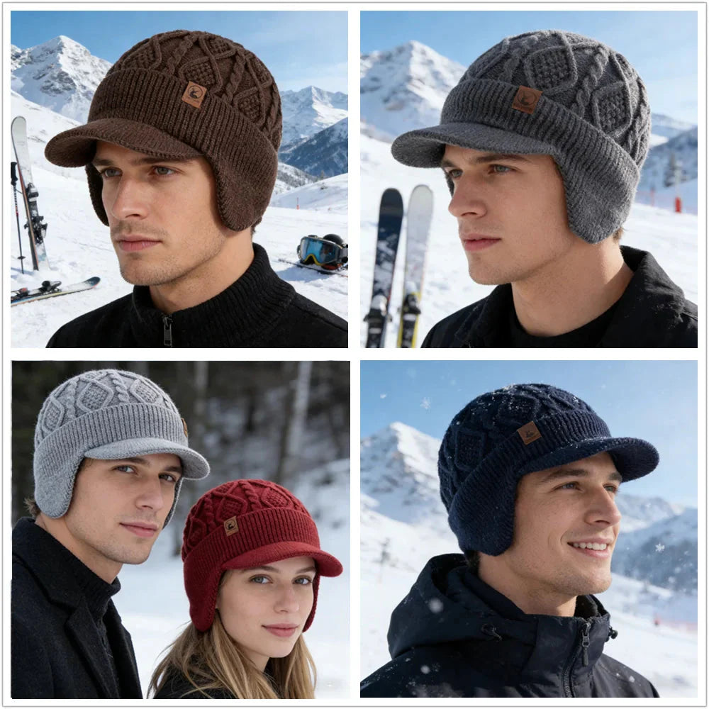 New Unisex Winter Hat Plush Fur Lined Warm Earflap Cap Stylish Soft Beanie Hat  Outdoor Thick Ski Sports Knitted Hat