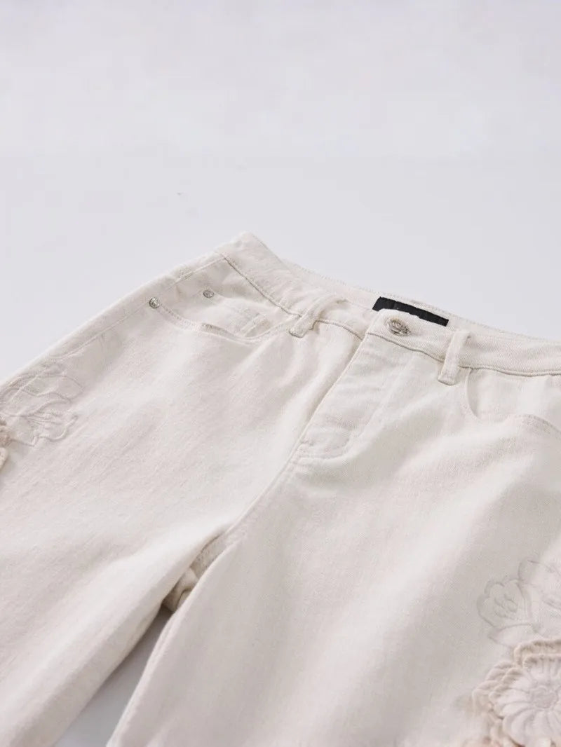 Designer Women Fashion Spring Summer Embroidery Flowers Jeans Hollow Out High Waist Denim Pants Casual Ankle Length Trousers