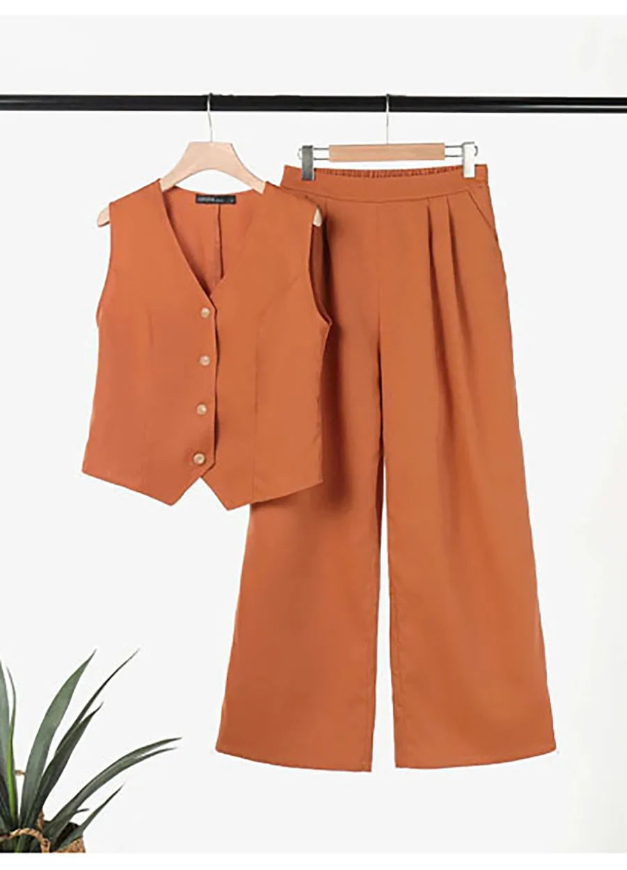 Casual Tank And Wide Leg Pant Sets 2 Piece Sets Women Outfit Summer Elegant Solid Cotton Linen Tops Trousers Suit Femme