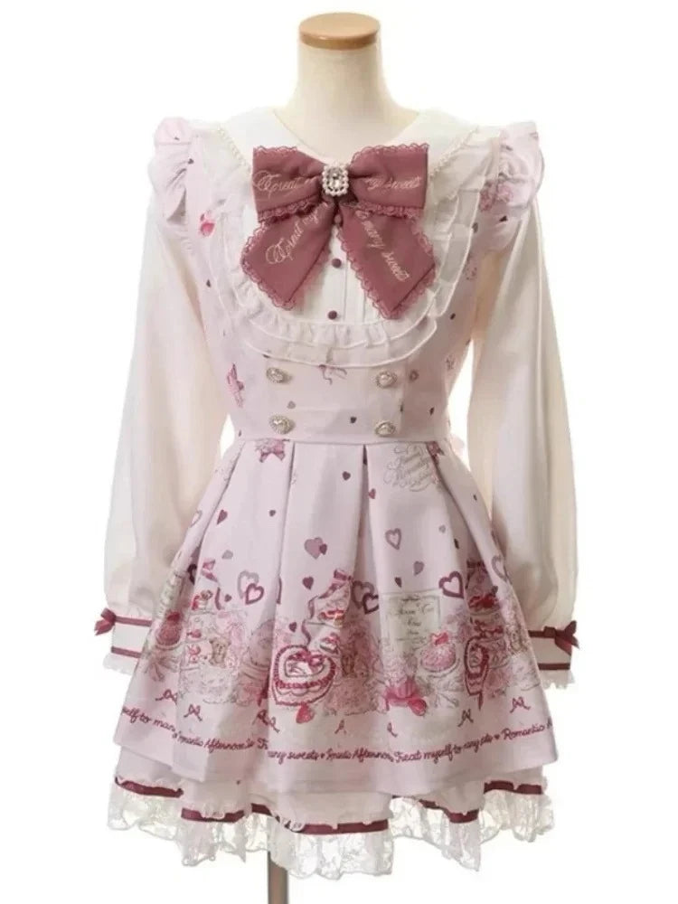 Japanese Sweet Preppy Style 2 Piece Set Women Kawaii Lace Patchwork Bow Tops + Y2k Plaid Mini Skirt Elegant Fashion Outifits New