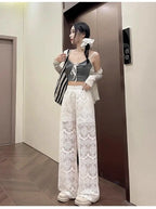 Hollow Lace White Casual Wide Leg 2025 Loose New Lazy Style Design Straight Trousers