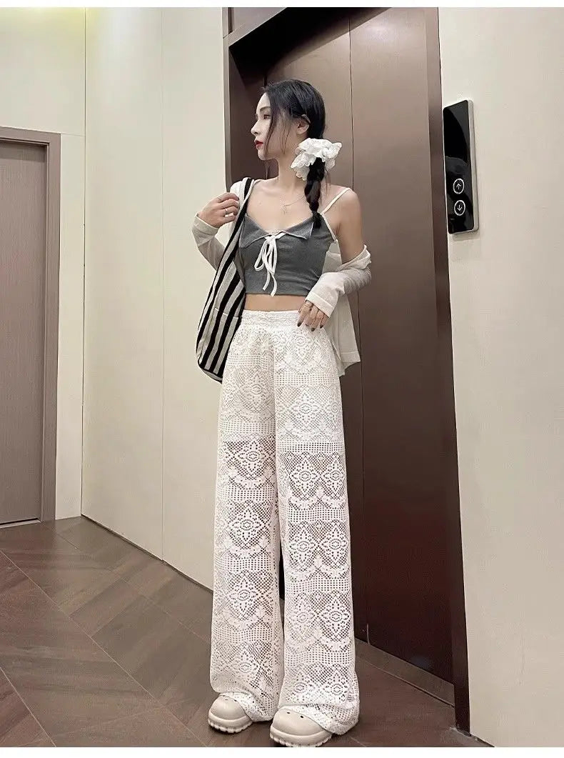 Hollow Lace White Casual Wide Leg 2025 Loose New Lazy Style Design Straight Trousers