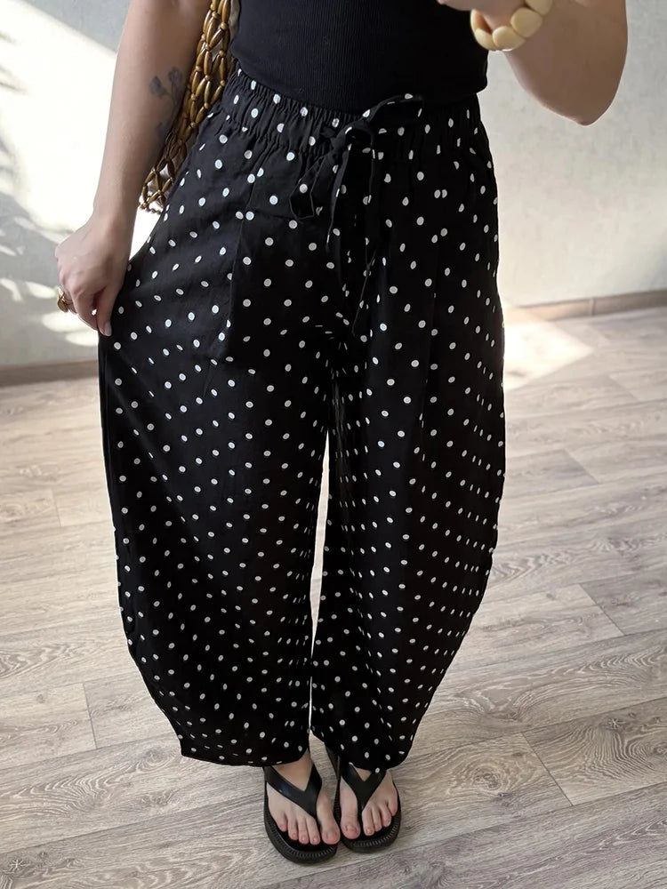 Black Polka Dot Linen Pants Women Wide Leg Summer Trousers Baggy For Ladies White Oversize Cotton Linen Pants Woman Wide