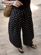 Black Polka Dot Linen Pants Women Wide Leg Summer Trousers Baggy For Ladies White Oversize Cotton Linen Pants Woman Wide