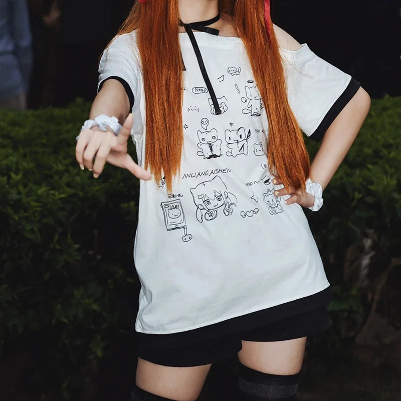 Japanese Y2k Subculture Cute T Shirt Off-shoulder White Short-sleeved Summer T-shirt Woman Cartoon Print Sweet Harajuku Tees