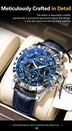 POEDAGAR Top Functional Luxury Man Wristwatch Waterproof Luminous Chronograph Leather Sports Watches For Men Quartz Men's Watch