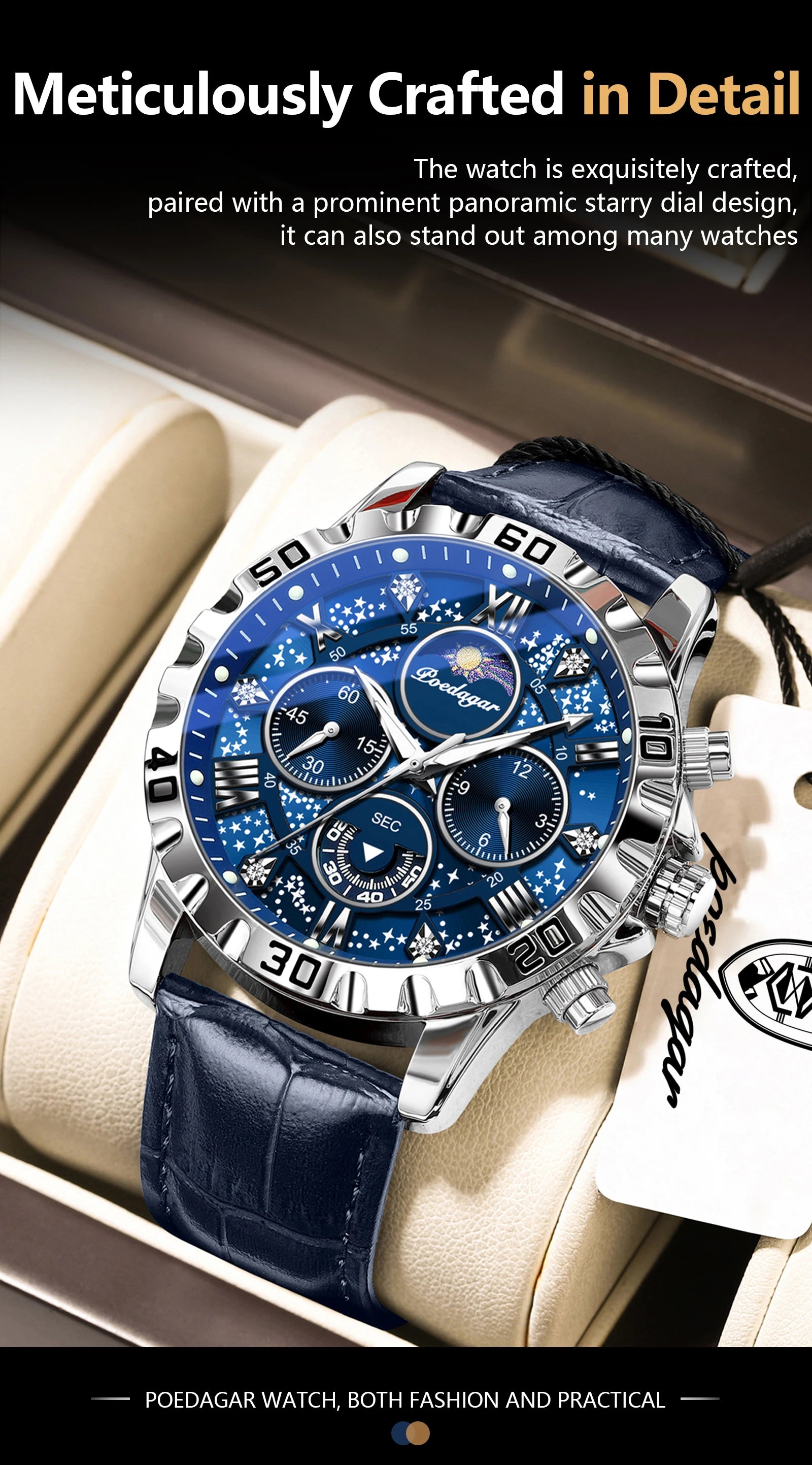 POEDAGAR Top Functional Luxury Man Wristwatch Waterproof Luminous Chronograph Leather Sports Watches For Men Quartz Men's Watch
