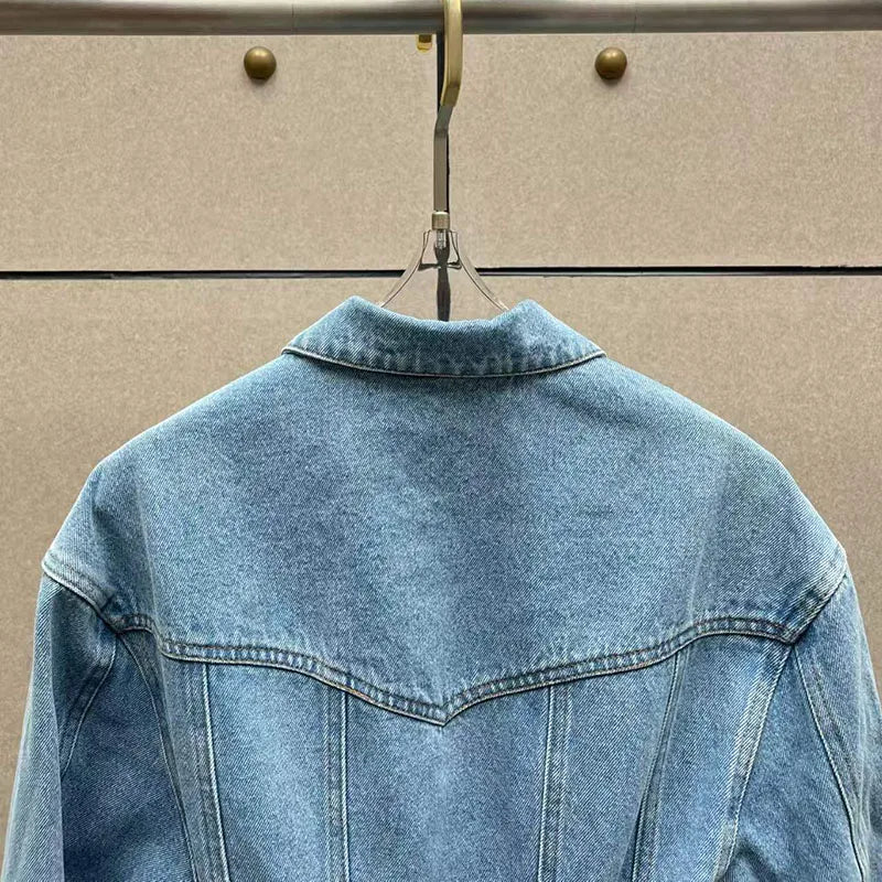 Women's Fitted Washed Denim Jacket, Notched Collar Single-Breasted Hem-Tapered Jacket, High-Quality Jacket, 2026, New Arrival,