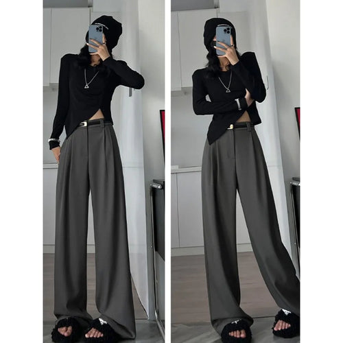 2025 Fall Winter Elegant Gray Suits Pants for Women Office Lady High Waist Wide Leg Fashion Trousers with Pockets Black Pants
