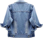 Womens Jean Jacket Cropped Denim Jackets Purple Yellow White Blue Stretchy 3/4 Puff Sleeve Distressed Shacket With Pockets