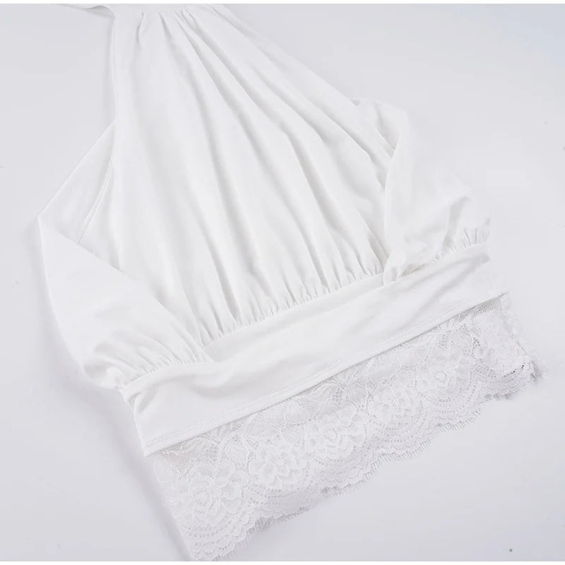 Lace Patchwork Halter Sleeveless Top Bow SLeeveless Tie Slim Fitted 2026 Summer Elegant Women Blouse Versatile Chic Lady Top