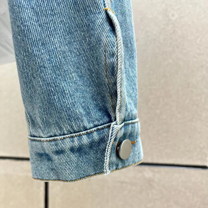 Women's Fitted Washed Denim Jacket, Notched Collar Single-Breasted Hem-Tapered Jacket, High-Quality Jacket, 2026, New Arrival,