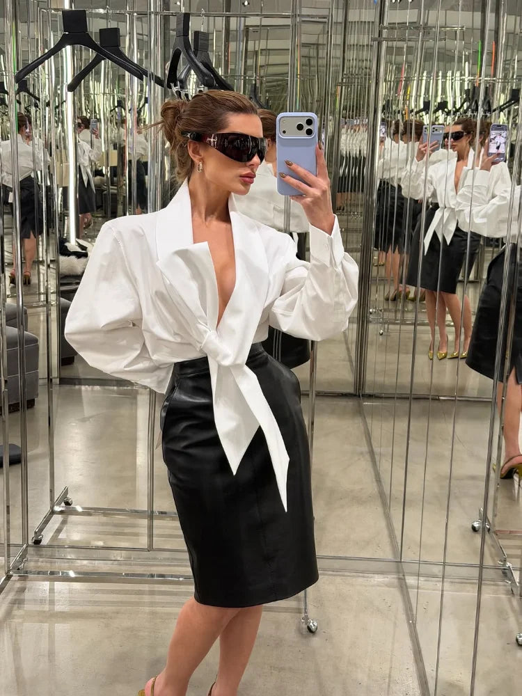 Women's White Tie Front Knot Blouse Elegant Sexy Oversized Collared Shirt with Bow Detail 2026 Women's Office Wear Tops