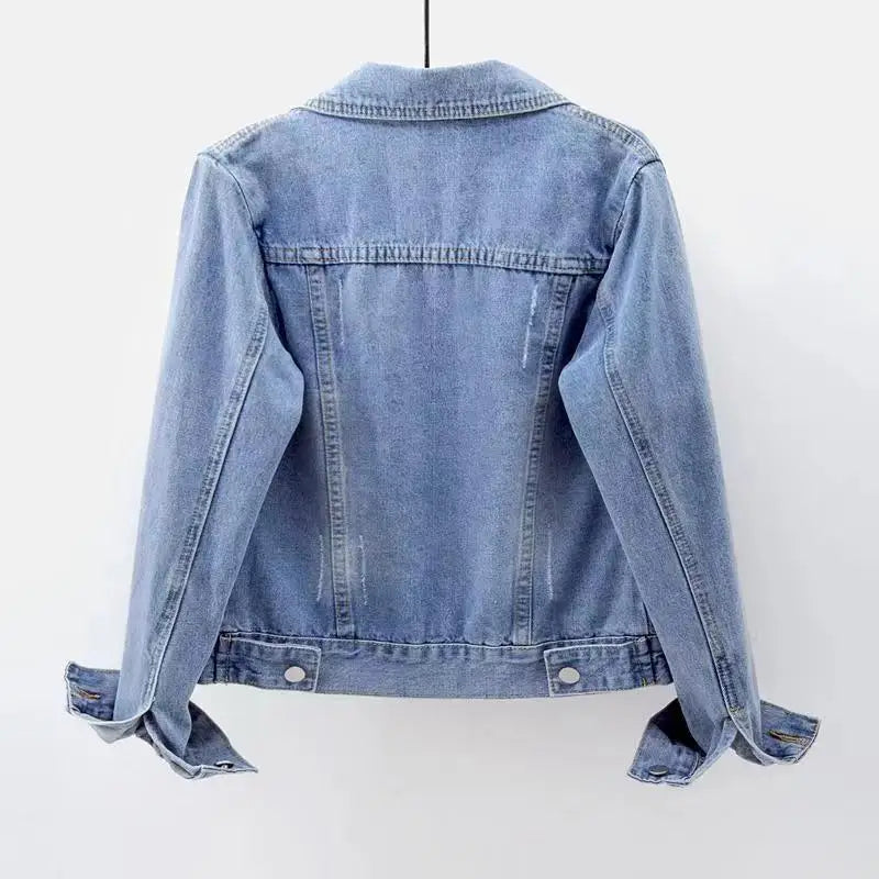 Slim Fit Denim Jacket for Women Short Washed Single Breasted Long Sleeve Tops