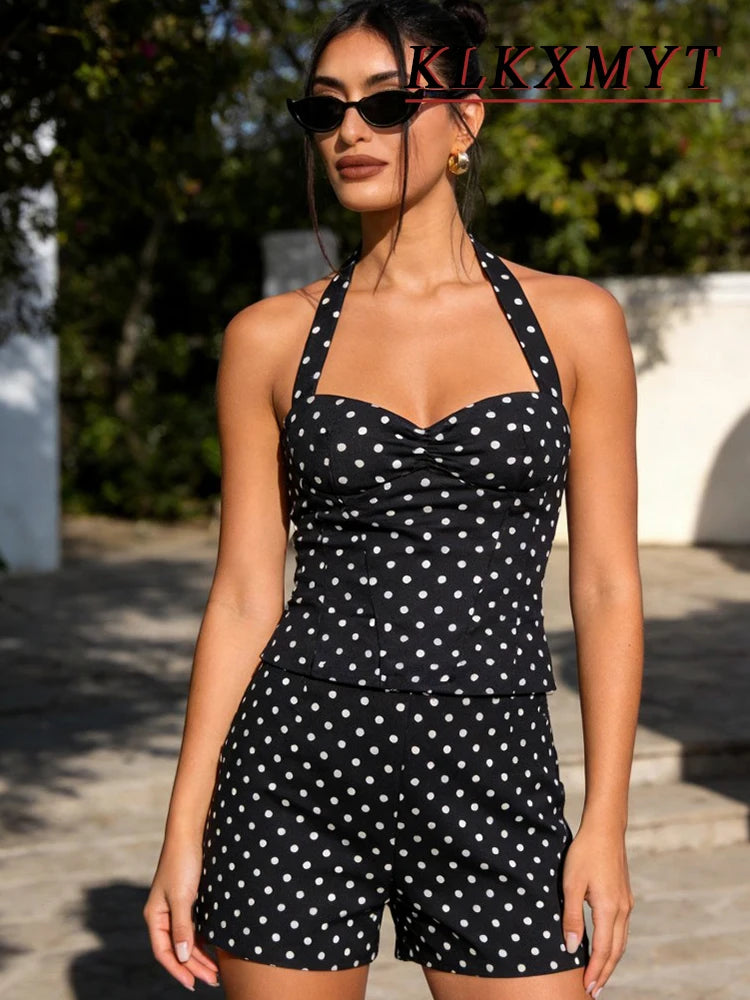 2026 Women New Fashion Suit Sexy Sleeveless Backless Polka Dot Halter Slim Short Top+Side Zipper Casual Short Skirts
